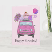 Roze retro Fiat 500 Birthday Kaart (Voorkant)
