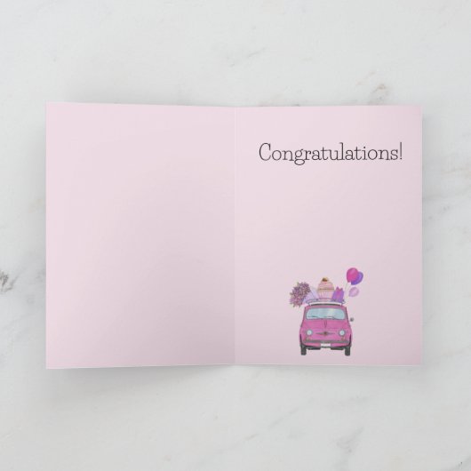 Roze retro Fiat 500 Birthday Kaart (Binnen)