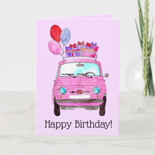 Roze retro Fiat 500 Birthday Kaart (Voorkant)