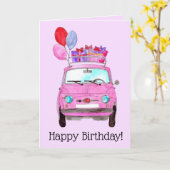 Roze retro Fiat 500 Birthday Kaart (Gele Bloem)