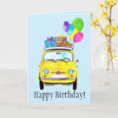 Roze retro Fiat 500 Birthday Kaart (Gele Bloem)