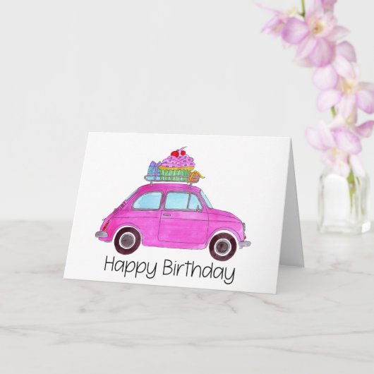 Roze retro Fiat 500 verjaardag Kaart (Orchidee)