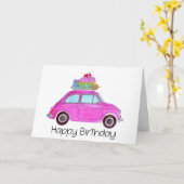 Roze retro Fiat 500 verjaardag Kaart (Gele Bloem)