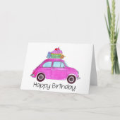 Roze retro Fiat 500 verjaardag Kaart (Voorkant)