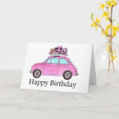 Roze retro Fiat 500 verjaardag Kaart (Gele Bloem)