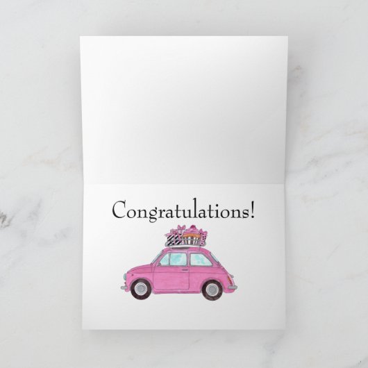 Roze retro Fiat 500 verjaardag Kaart (Binnen)