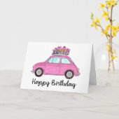 Roze retro Fiat 500 verjaardag Kaart (Gele Bloem)