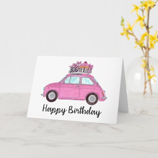 Roze retro Fiat 500 verjaardag Kaart (Gele Bloem)