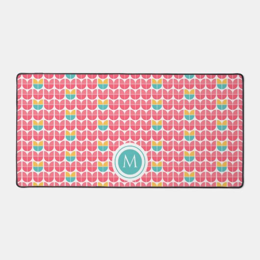 Roze Retro Floral gepersonaliseerde Monogram Desk  Bureaumat (Voorkant)