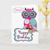 Roze Retro Floral Owl Happy Birthday-kaart Kaart (Gele Bloem)
