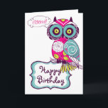 Roze  Retro Floral Owl Happy Birthday-kaart Kaart<br><div class="desc">Een illustratie van de groene,  warme roze,  blauwe en donkerpaarse  worm met bloempatronen. Het is een leuke en vrouwelijke verjaardagskaart voor je familie en vrienden.</div>