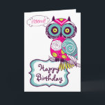 Roze  Retro Floral Owl Happy Birthday-kaart Kaart<br><div class="desc">Een illustratie van de groene,  warme roze,  blauwe en donkerpaarse  worm met bloempatronen. Het is een leuke en vrouwelijke verjaardagskaart voor je familie en vrienden.</div>