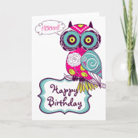 Roze Retro Floral Owl Happy Birthday-kaart