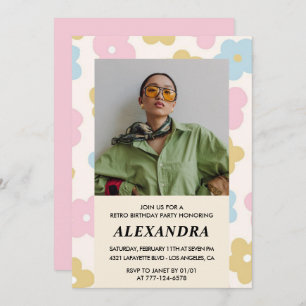 Roze Retro Foto Bloemen 36e verjaardag uitnodiging