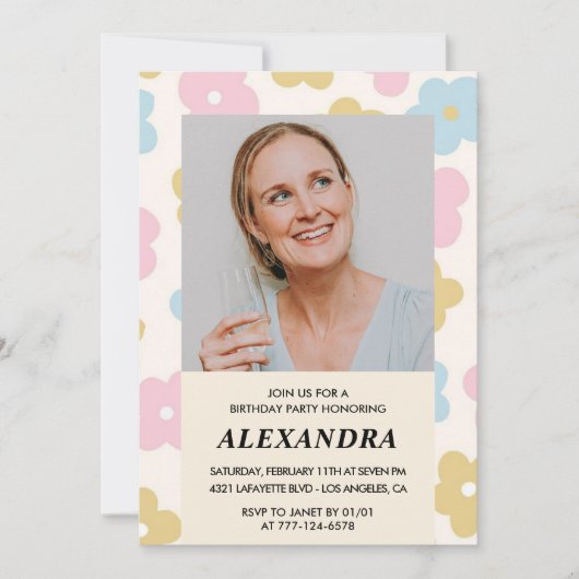 Roze Retro Foto Bloemen 53e verjaardag uitnodiging (Voorkant)