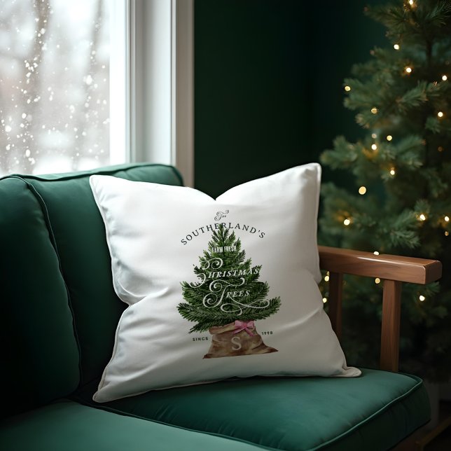 Roze Retro Fun  Boerderij Fresh Tree Monogram Kussen (Pink Retro Fun Vintage Farm Fresh Tree Monogram Throw Pillow)