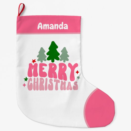 Roze Retro Gepersonaliseerde Kerstmis Grote Kerstsok (Voorkant)