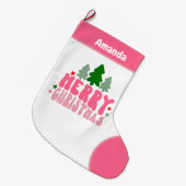 Roze Retro Gepersonaliseerde Kerstmis Grote Kerstsok (Voorkant (Hangend))