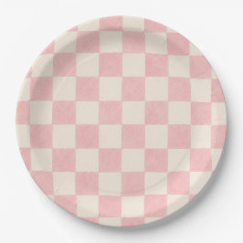 Roze Retro Geruite Feestbord | Zomerfeest Papieren Bordje