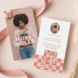 Roze Retro Geruite Patroon Content Creator Foto Visitekaartje