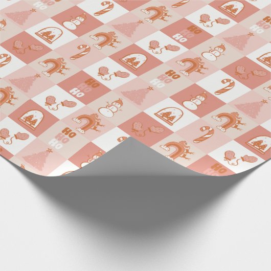 Roze Retro Geruite Snoep Cane Snowman Tree Cadeaupapier (Hoek)