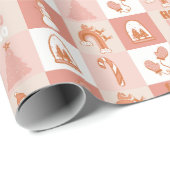 Roze Retro Geruite Snoep Cane Snowman Tree Cadeaupapier (Rol Hoek)