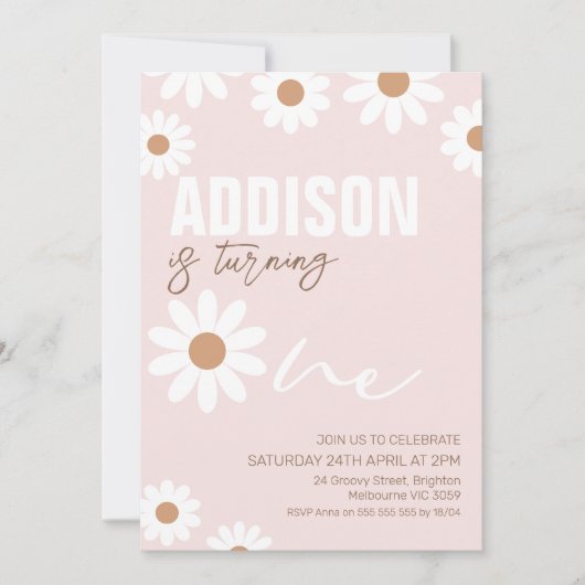 Roze Retro Girls Daisy 1e verjaardag Uitnodiging (Voorkant)