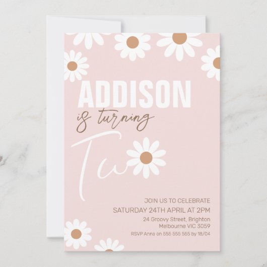 Roze Retro Girls Daisy 2e verjaardag Uitnodiging (Voorkant)
