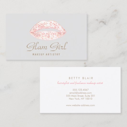 Roze Retro Glam Glitter Lips Make-up Artiest Visitekaartje (Voorkant / Achterkant)