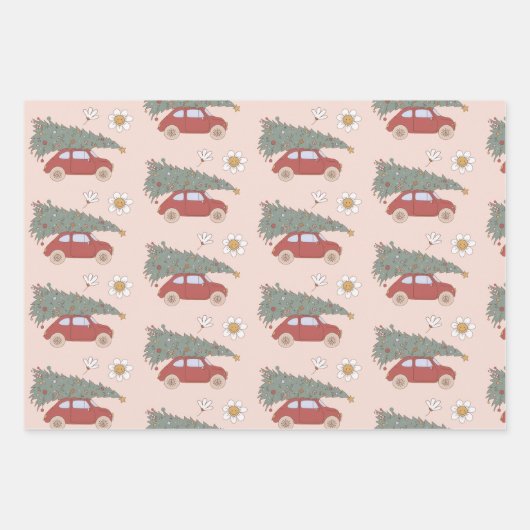 Roze Retro Groovy Auto Kerstboom Inpakpapier Vel (Voorkant 3)