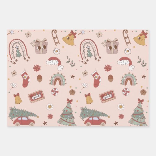Roze Retro Groovy Auto Kerstboom Inpakpapier Vel (Voorkant)
