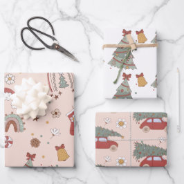Roze Retro Groovy Auto Kerstboom Inpakpapier Vel