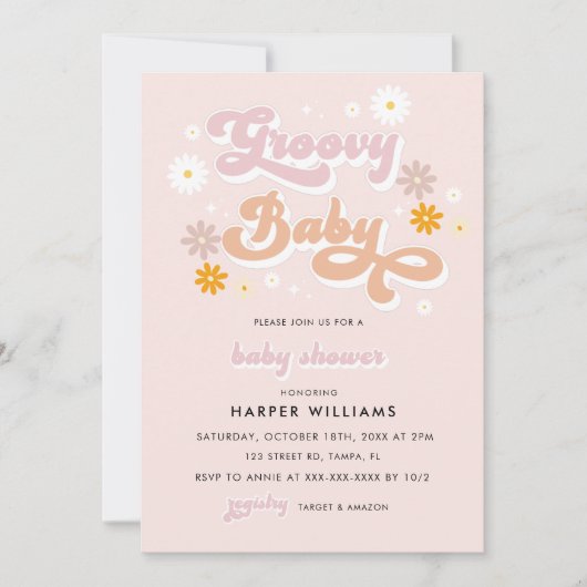 Roze Retro Groovy Baby shower Kaart (Voorkant)