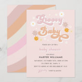 Roze Retro Groovy Baby shower Kaart (Voorkant / Achterkant)