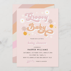 Roze Retro Groovy Baby shower Kaart