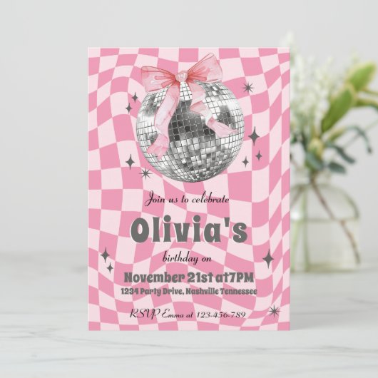 Roze Retro Groovy Coquette Disco Bal Verjaardag Kaart (Staand voorkant)