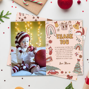 Roze Retro Groovy Kerstboom Verjaardag Bedankkaart