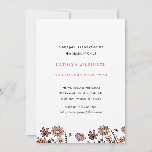 Roze Retro Groovy Leuk Script Wildflower Afstudere Kaart (Achterkant)