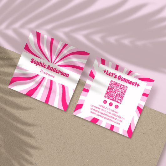 Roze Retro Groovy Moderne QR-code Vierkante Visitekaartje