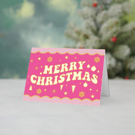 Roze Retro Groovy Prettig Kerstfeest Folie Feestdagenkaart