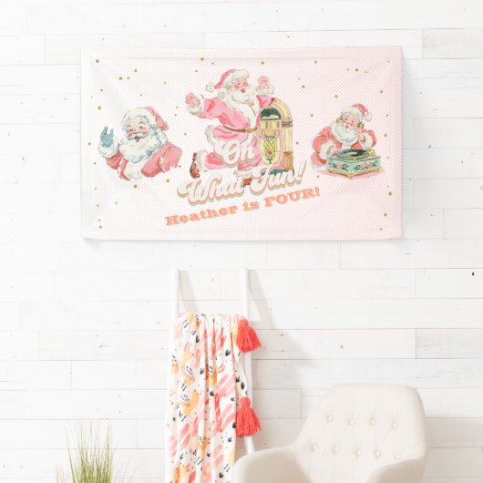 Roze Retro Groovy Santa Claus-Girl Verjaardagsfees Spandoek (Insitu)