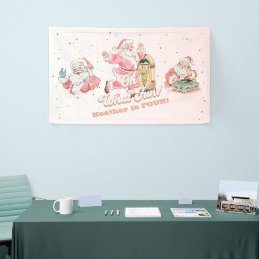 Roze Retro Groovy Santa Claus-Girl Verjaardagsfees Spandoek (Beurs)