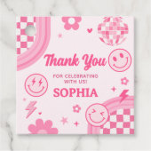 Roze Retro Groovy Verjaardag Party Square Bedankjes Labels (Voorkant)