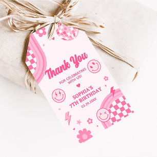 Roze Retro Groovy Verjaardagsfeest Favoriet Tags Cadeaulabel