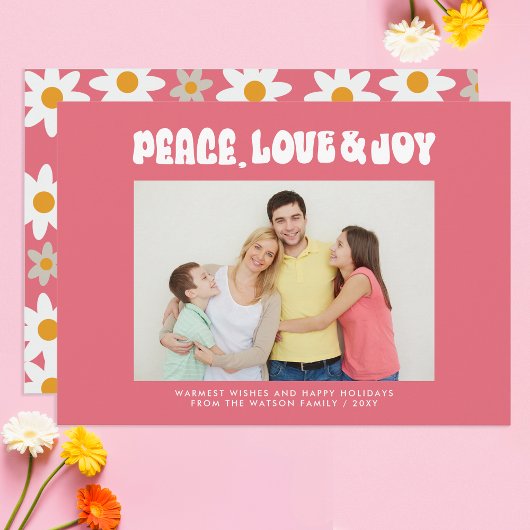 Roze Retro Groovy Vrede Liefde Joy Foto Feestdagenkaart