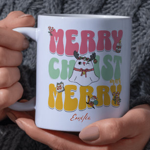 Roze Retro Groovy Vrolijke Kerst Kawaii Naam Mok