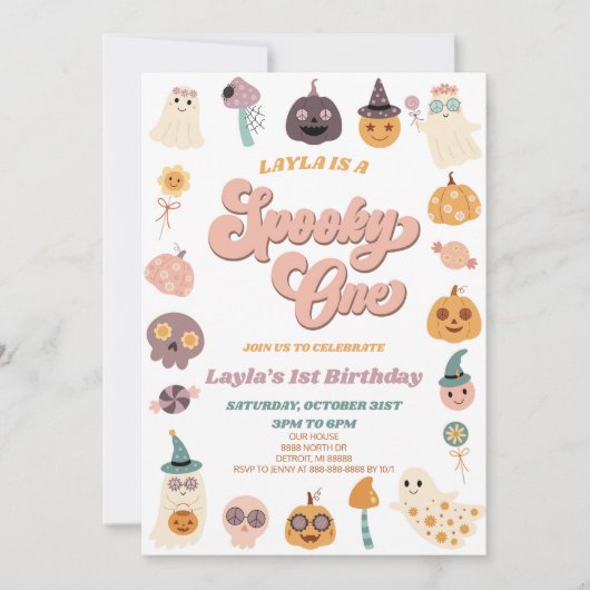 Roze Retro Halloween Spooky Een 1e Verjaardagsfees Kaart (Voorkant)