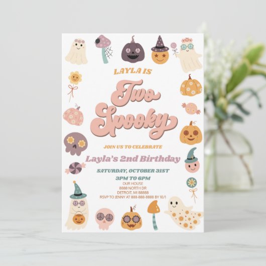 Roze Retro Halloween Twee Spooky 2e Verjaardagsfee Kaart (Staand voorkant)