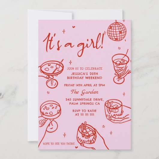 Roze Retro Hand getrokken Baby shower Uitnodiging (Voorkant)