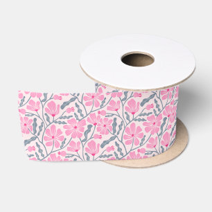 Roze Retro Hand getrokken Bloempatroon Satijnen Lint